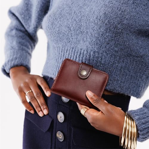 Image of Portland Leather Goods Women's Mini Bifold Wallet - Slim, Palm-Sized Design with Secure Snap Closure, 2 Card Slots, 2 Cash Slots & Zippered Coin Pocket - Cognac