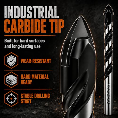 Image of 12-Piece Masonry Drill Bit Set & Concrete Drill Bit Set, 7 Sizes, 1 /8 inch-1 /2 inch | Carbide Drill Bits for Tile, Ceramic, Glass, Cement & Brick, Bath & Kitchen, Dual U-Groove, 3-Flat Shank, Standard Drill Fit