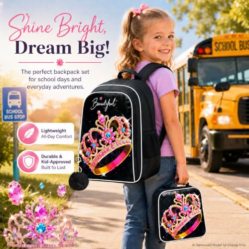 Image of CCJPX 3Pcs Backpack for Girls, 16 inch Kids Crown Bookbag with Lunch Box, Water Resistant Elementary School Bag for Kindergarten Preschool Toddler (Black)