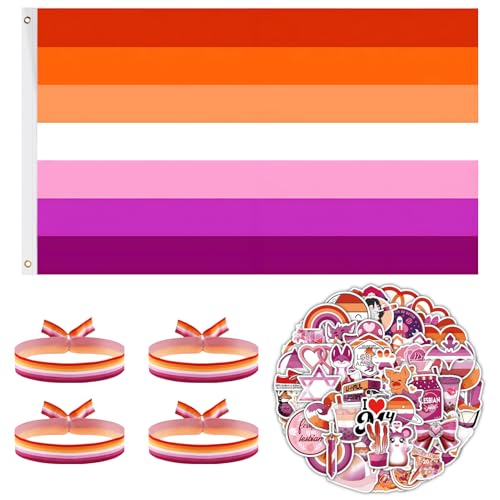 Lesbische Flagge 150x90 cm, Flagge Lesbischer Pride + 50 Stolz-Aufkleber + 4 LGBTQ-gewebtes Armband, Gay Pride-Zubehör für Parade, Festival, Party, Karneval