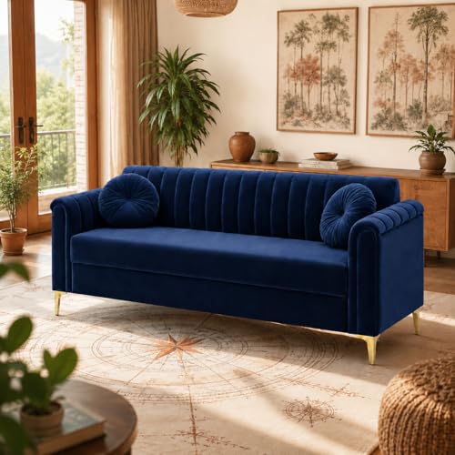 Image of FURNY Dorino 3 Seater Fabric Sofa Set (Dark Blue) Premium Velvet Finish Durable & Comfortable Ideal for Living Room