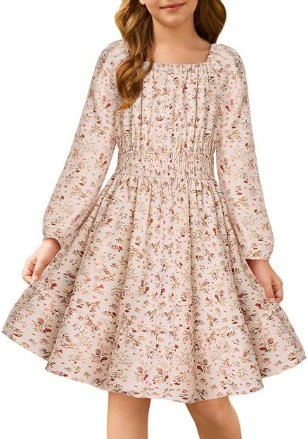 GRACE KARIN Girls Fall Dress Floral Long Sleeve Midi with Smocked Waist for Holiday Party 6-14Y