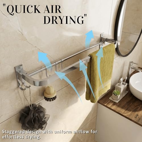 Image of GLOXY Premium Towel Hanger for Bathroom Combo Pack of 3 - Chrome Finish 24 Inch Stainless Steel Towel Holder in Bathroom - Wall Mount Towel Rod for Bathroom with Hooks to Keep Towels Well Organised