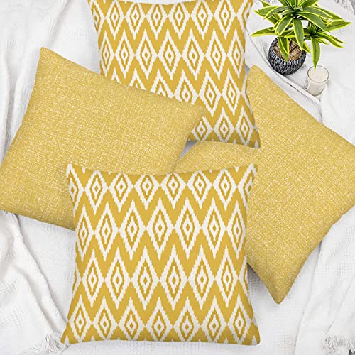 Gulidi Geometric Throw Pillow Cover Yellow Simple Boho Diamond Check Pillowcase 22X22 Inches Simple Lumbar Cushion Cover Pack Of 4 House Sofa Couch Bed Living Room Farmhouse Decoration #TOP2