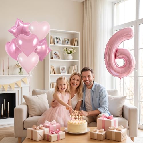 Image of TONIFUL 6th Birthday Balloons Kit 40 Inch Pink Large Number 6 Foil Balloon | with 18 Inch Helium Foil Star Shaped Balloons for Girls Women Birthday Anniversary Graduation New Year Eve Party Decoration