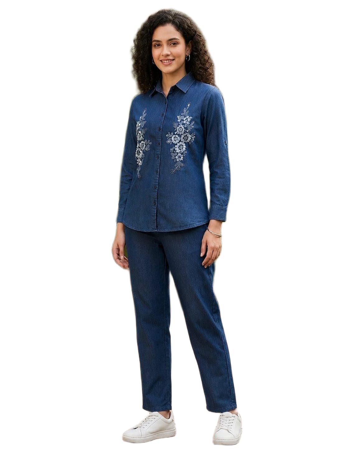 Women's Embroidered Denim Coord Set, Dark Blue, 2XL, Floral, Full Sleeves, Regular Fit-picture-55