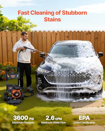 Image of VEVOR Gas Pressure Washer, 3600 PSI 2.6 GPM, Gas Powered Pressure Washer with Copper Pump, Spray Gun and Extension Wand, 5 Quick Connect Nozzles, for Cleaning Cars, Homes, Driveways, Patios