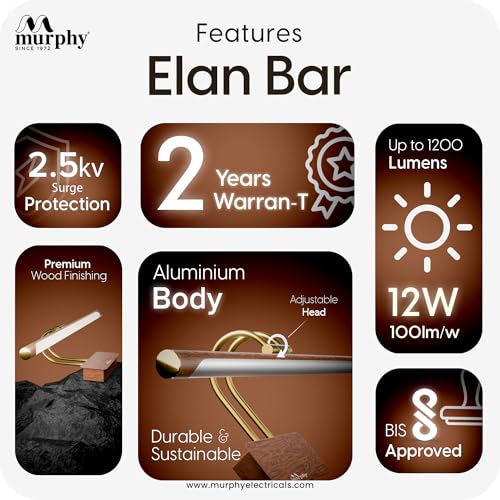 Image of Murphy ElanBar 12W LED Mirror Light | 3-in-1 Color Changing | Adjustable 3-Step Baring | Wood Finish | Wall Mounted Vanity Light for Bathroom & Dressing Table | 2-Year Warranty | Pack of 1