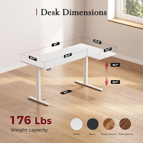 Image of Klicelor L Shaped Standing Desk, 55 Inch Electric Height Adjustable Desk with Memory Preset, Reversible Sit Stand Up Computer Workstation for Home Office, Splice Board, White
