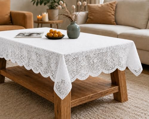 Image of Cotton Net Embroidered Center & Dining Table Cover for 4 Seater | Rectangular 40x60 Inch | Lightweight & Washable Table Cloth | Pack of 1 (Jasmine White)