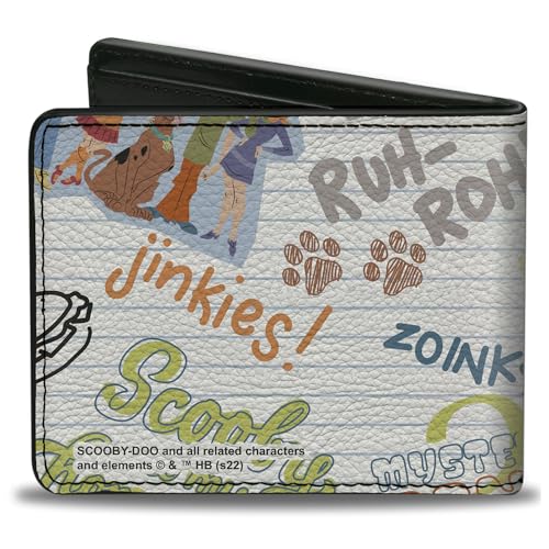 Scooby Doo Wallet, Bifold, Scooby Doo Notebook Doodles Collage White Multi Color, Vegan Leather2