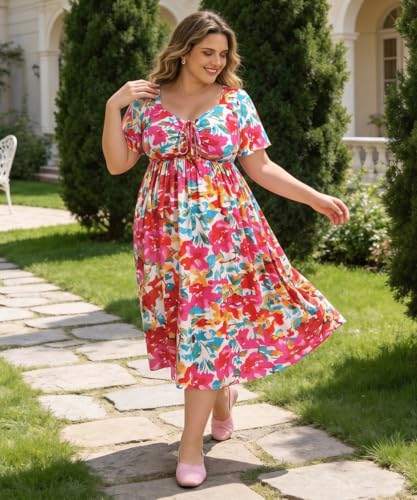Image of CARCOS Plus Size Dresses for Curvy Women Tie Sweetheart Neck Summer Maxi Dress Short Sleeve Empire Waist Floral Boho Dress