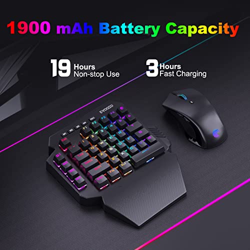 Wireless One Handed Mechanical Gaming Keyboard, 6 Onboard Macro Keys, 2.4Ghz and USB-C Wired Dual Mode, RGB Led Backlit Red Switch, Wrist Rest, Durable Battery