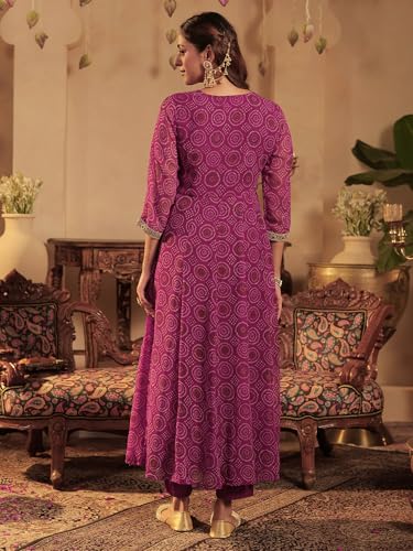 Image of INDO ERA Women's Georgette Floral Embroidered A-Line Kurta & Pant with Dupatta Set