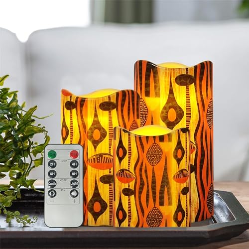 Image of Remote Flameless Candles-Set of 3 African Tribe Design LED Pillar Candles Battery Operated Candle with Timer, 4 inch 5 inch 6 inch for Home Table Decor