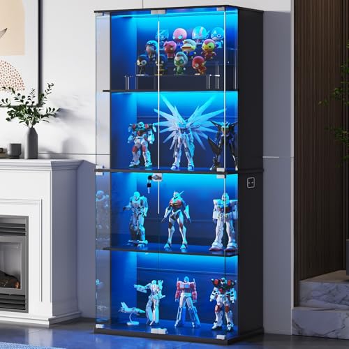 Gurexl 168 CM Vitrina de Cristal con LED luz y Sensor de Movimiento,Vitrinas de 4 Niveles para Colecciones con Puerta de Cristal con Cerradura,Curio Vitrina para Sala de Estar,Coleccionables,Negro