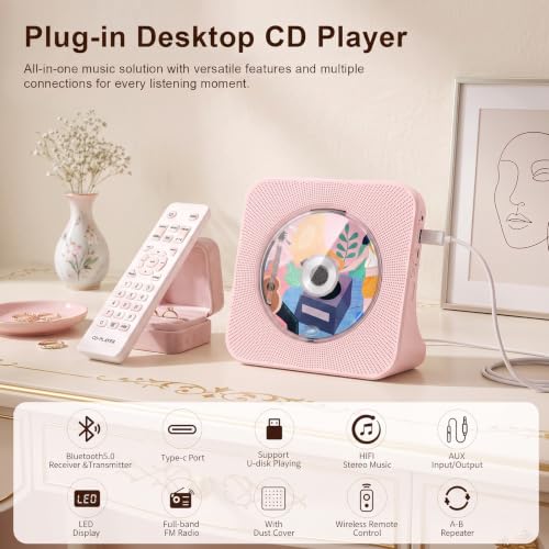 Image of Gueray Portable CD Player with Bluetooth for Home, Hi-Fi Speaker,FM Radio | Plug-in desktop use,2-way Bluetooth mode, 3W speakers,Remote control,sleep timer, A-B repeat,USB /AUX,headphone jack