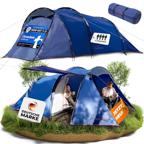 trailvista® Cevedale Zelt 4 Personen Wasserdicht, leicht, kompakt & schnell aufbaubare Zelte, Camping Zelt mit Vorzelt - Tent, Familienzelt, Tunnelzelt 4 Personen Zelt, 4 Mann Zelt wasserdicht