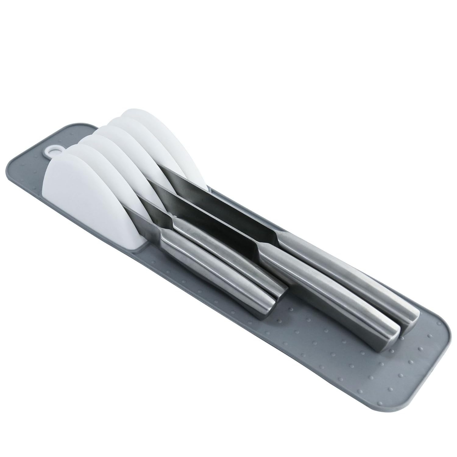 5 Slot Knife Drawer Organiser Tray – Slim in-Drawer Knife Holder Insert with Non-Slip Mat, Compact Kitchen Knife Storage (Grey & White)
