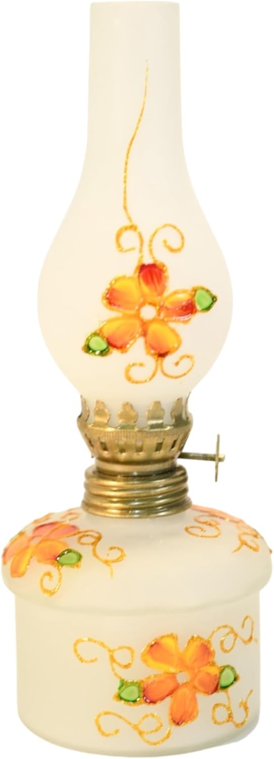 Hand Blown Glass Oil Lamp Orange Flowers Hand Painted Opaque Finish 9" Tall (Orange Flowers)