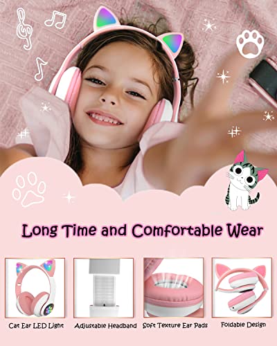 Megadream Wireless Headphones for Kids Cat Ear Foldable Bluetooth Earphones Flashing LED Light Up Over Ear Headset with Microphone for iPhone/iPad/Tablet - Image 3