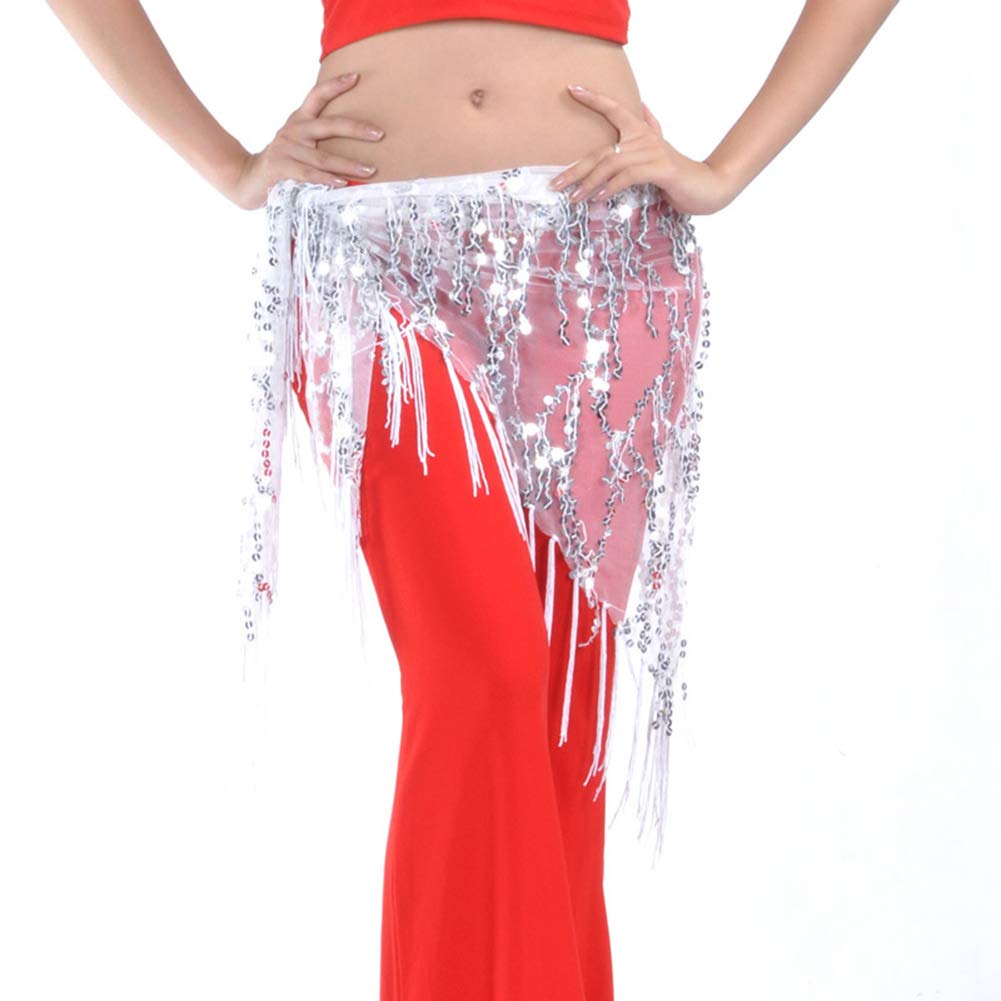 Women Belly Dance Sequin Triangle Hip Scarf Belly Dancing Belts (White)