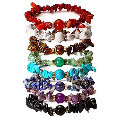 Manfnee 8 Stücke 7 Chakra Kristall Chips Heilung Armband Set Unregelmäßige Perlen Armbänder für Frauen Cover