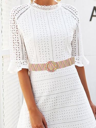 Urieo Elastic Round Buckle Straw Belts Beaded Colorful Stretch Woven Belt Dresses Dress Jeans Pants Raffia Belt for Women4
