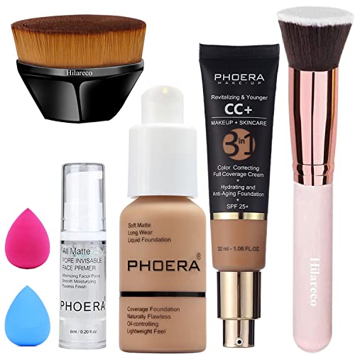 Phoera Foundation, Phoera Cc+ Cream Color Correcting Anti Aging Hydrating Serum &Spf 25+, Phoera Primer, Phoera Makeup Set, Kabuki Makeup Brushes Foundation Brush Powder (105 Sand+ 160 Sand Cc Cream) #TOP9