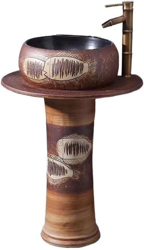 Bathroom Countertop Vessel Sink Pedestal Basin Vertical Floor-standing Washbasin Single Retro Integrated Balcony Wash Yard Outdoor Pedestal Sink Vanity