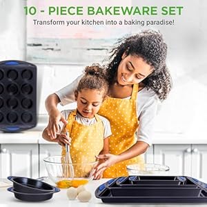 NutriChef 10-Piece Nonstick Bakeware Set - Heavy Duty Carbon Steel Baking Trays w/Silicone Handles - Includes Cookie Sheets, 12-Cup Muffin Pan, Pizza & Loaf Pan, Round & Square Pans - Easy to Clean NutriChef 10 Piece Nonstick Bakeware Set Heavy Duty Carbon Steel Baking Trays wSilicone Handles Includes Cookie Sheets 12 Cup Muffin Pan Pizza Loaf Pan Round Square Pans Easy to Clean