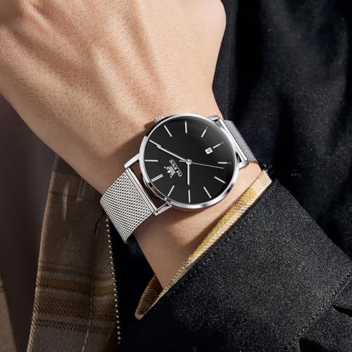 Image of OLEVS Men Leather Watches Black Ultra Thin 6.5mm Minimalist Dress Fashion Simple Casual Waterproof Date Watch for Men