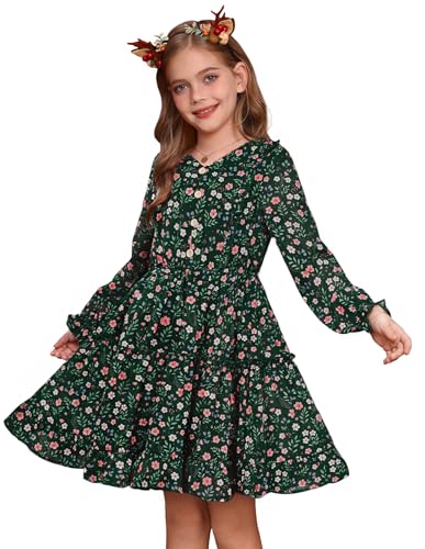GRACE KARIN Kids Flower Girl Dresses V Neck Long Sleeve Chiffon Midi Tiered Dress Green 13-14 Years