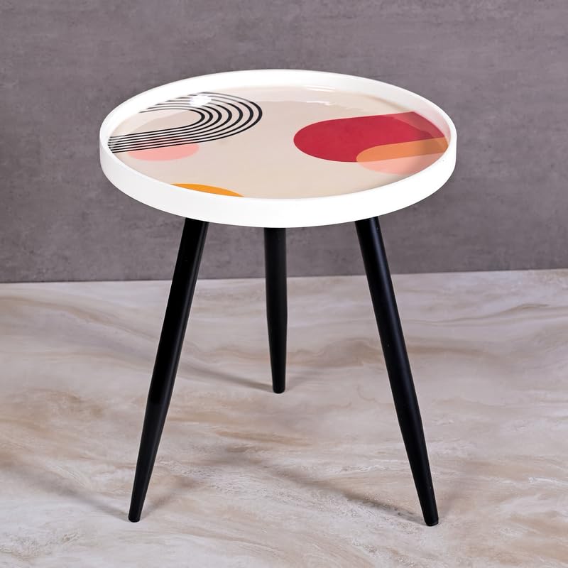 Image of Wooden Side Table for Living Room Decor - 17 Inch Round Table | Resin Top with Metal Legs | Coffee /Dining /End Table for Bedroom, Office - Easy Assembly (Aurora Swirl, Beige)