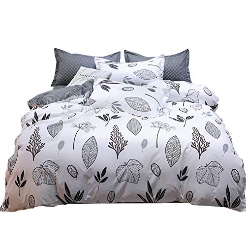 ED-Lumos Juego de Ropa de Cama ?Piezas para Cama 105cm Funda de edredón 180x220cm Sábana encimera 230x230cm Funda de Almohada 48x74cm Poliéster Color Blanco con Hojas Negras