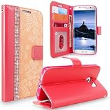 S7 Edge Case, Galaxy S7 Edge Case, Cellularvilla [Diamond Jewel] Embossed Flower Design Premium PU Leather Wallet Case [Card Slots] Folio Flip Cover For Samsung Galaxy S7 Edge (Peach Pink Bling)