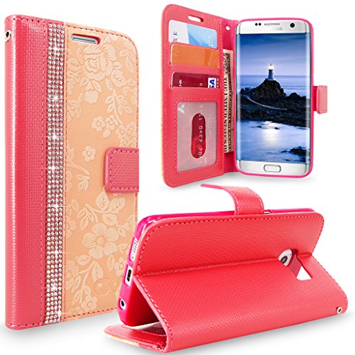 S7 Edge Case, Galaxy S7 Edge Case, Cellularvilla [Diamond Jewel] Embossed Flower Design Premium Pu Leather Wallet Case [Card Slots] Folio Flip Cover for Samsung Galaxy S7 Edge (Peach Pink Bling)