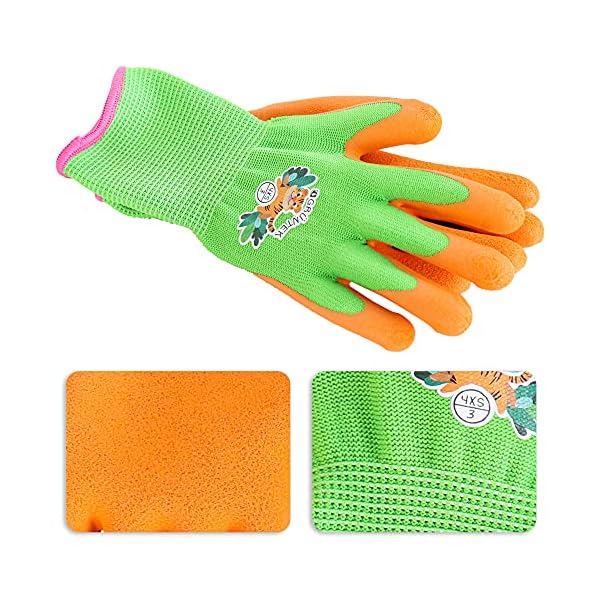 GRÜNTEK Kinder-Gartenhandschuhe 4 Paar XXXXS / 4XS (Größe 3), Schutzhandschuhe Kids, rutschfeste Latexbeschichtung, BPA… – Bild 4