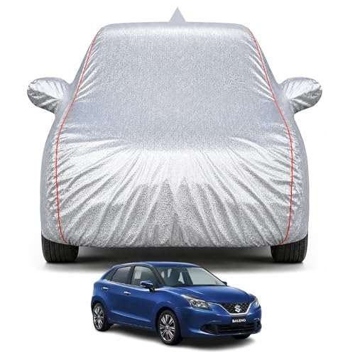 Image of Maruti Suzuki Baleno 2015-2022 Models 100% Waterproof Car Cover for All Weather Protection Mirror & Inner Cotton Triple Stitched Cover, Adjustable Belt Bottom Elastic (Metalic Silver)