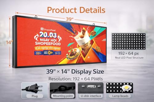 Image of P5 Outdoor LED Advertising Sign 39 inchx14 inch Full Color Programmable Digital Display, Scrolling Message Board with WiFi & USB Control, Aluminum Frame for Storefront Business Promotion