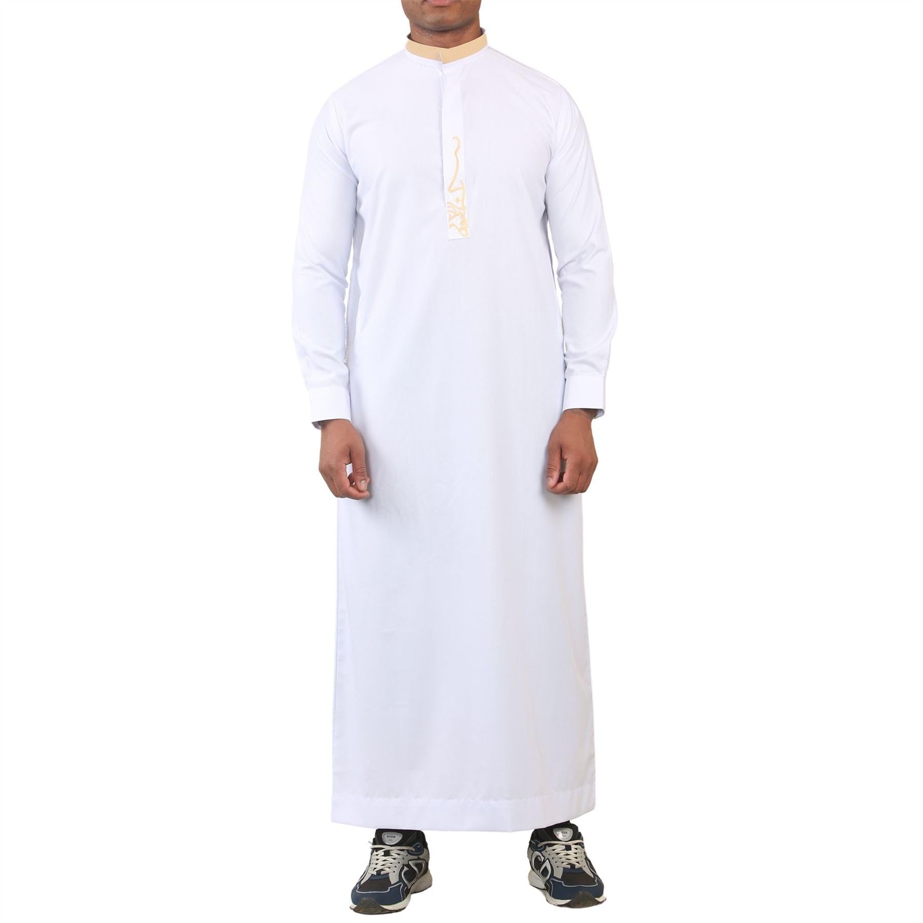 Thobez Men's White Thobe Jubba Nehru Round Collar Islamic Clothing Muslim Kaftan Embroidery Eid Robe Saudi - 56