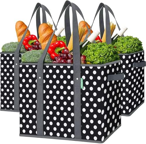 Flipzon 3 Pack Reusable Grocery Shopping Bags Foldable Washable Storage Baskets Bins Box for Groceries(B-W)