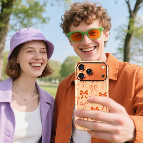 Image of Magnetic for iPhone 17 Pro Max Case for Women Men, Orange Bow | Cute Ribbon Bow Pattern Design [Compatible with MagSafe] 2-Layer Hybrid Shockproof Glossy Protective Cover