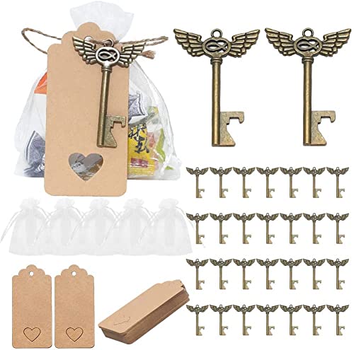 Aotoer 50 Stück Vintage Engel Schlüssel Flaschenöffner Hochzeit Gastgeschenke Party Gastgeschenk Set mit Escort Tag Jute Seil und Kordelzug Geschenktüten für Gäste Brautparty Gastgeschenke (B) Cover