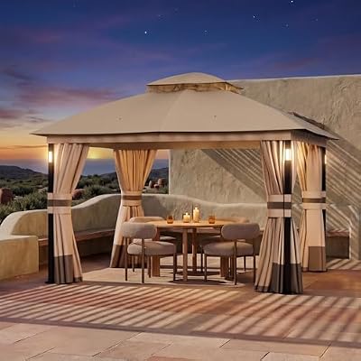 Covered Outdoor Patio Gazebo 10'x12' with LED Lights & Bluetooth Speaker, Heavy Duty Outdoor Canopy Shelter with Metal Frame, Double Roofs, Soft Top Gazebo with Netting and Curtains, Khaki