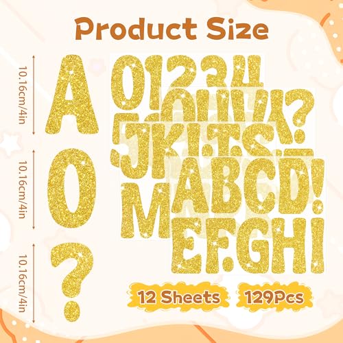 Image of Bulletin Board Letters 129 PCS Glitter Gold Letter Stickers Large 4 Inch