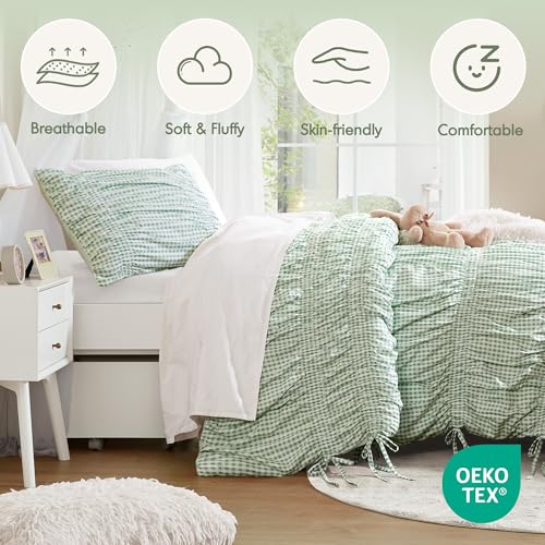 Image of Intelligent Design Ruched Shabby Chic Green Twin XL Comforter Set, 2pc | Girls Dorm Gingham Bedding Set, French Country, All Season Down Alternative, Cozy, Machine Washable, Lightweight, Breathable