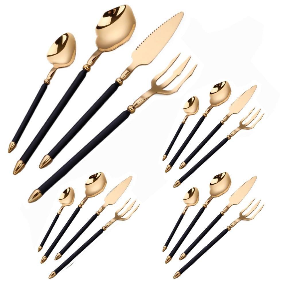 Générique Couverts de Cuisine en Acier Inoxydable, Couverts de Table, Couteau à Steak, Fourchette, cuillère à café (Noir et Or, 16 pièces)