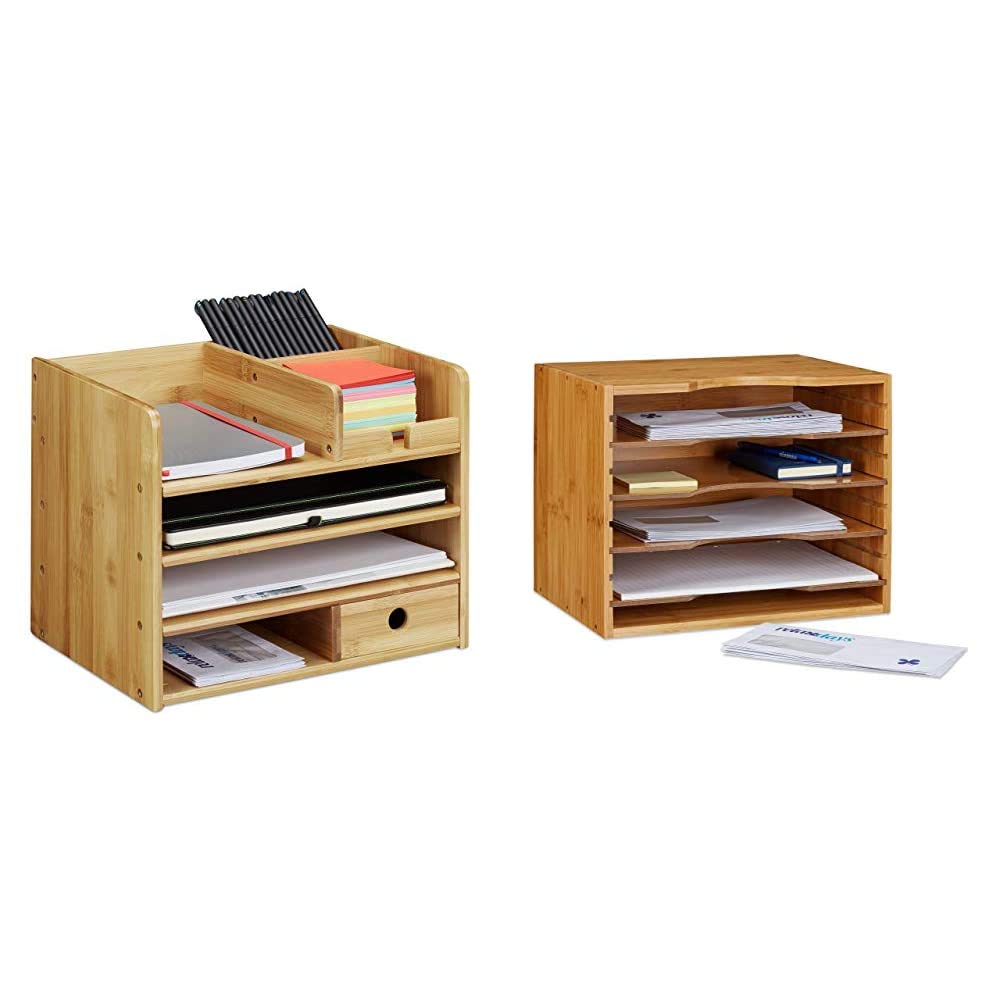 Relaxdays Schreibtisch Organizer, Briefablage A4, Bambus & Briefablage aus Bambus Ablagesystem für den Schreibtisch Dokumentenablage mit 4 variablen Einlegeböden Papierablage aus Holz, Natur