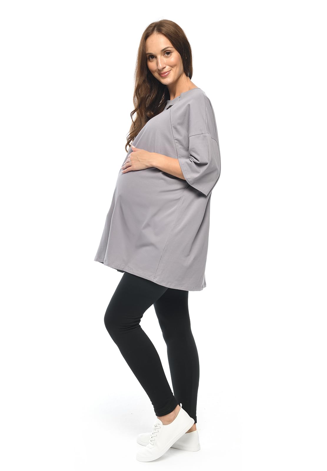 MijaCulture T-shirt 2 en 1 / Homewear / Chemise de nuit d'allaitement et de grossesse M024 Ambre (gris, L/XL)